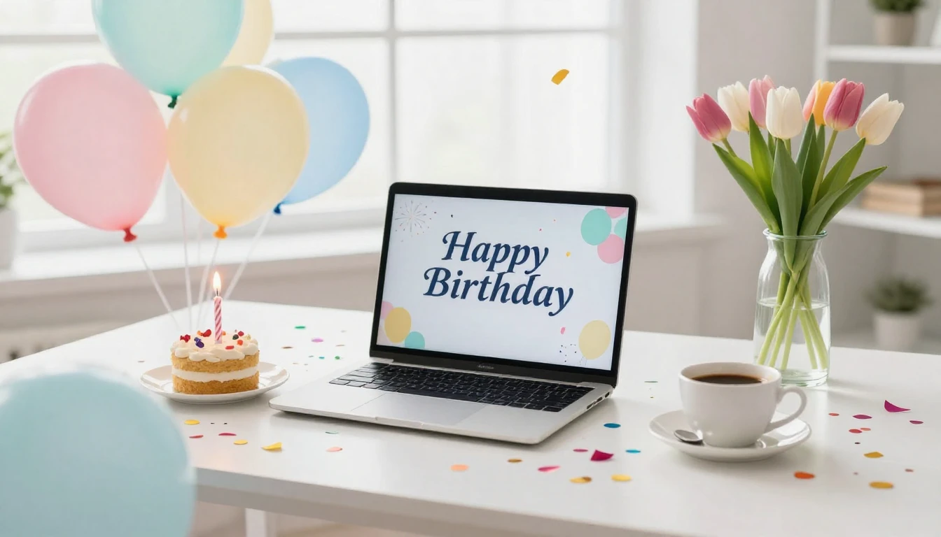 A festive office desk scene celebrating a birthday, bright a...