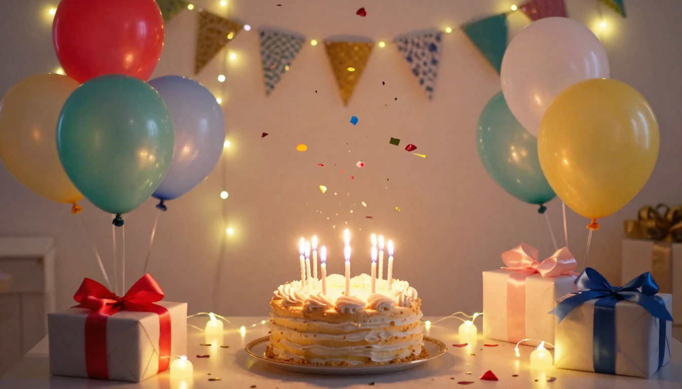 A vibrant and joyful birthday celebration scene, festive atm...