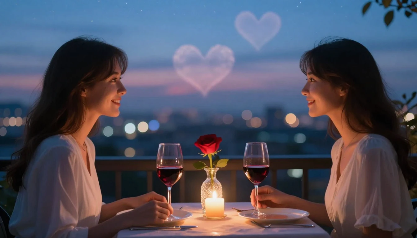 A romantic evening scene featuring a dinner for two on a bal...