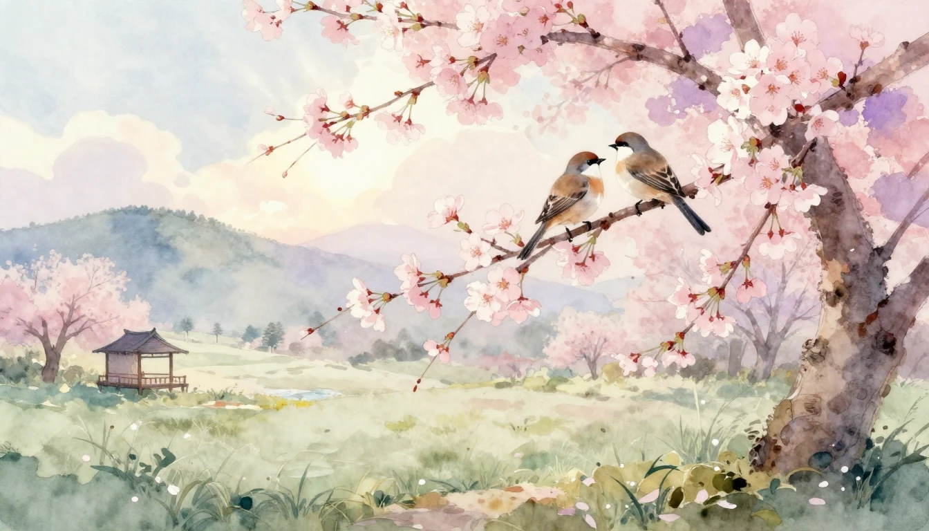 A delicate watercolor painting of a serene landscape in earl...