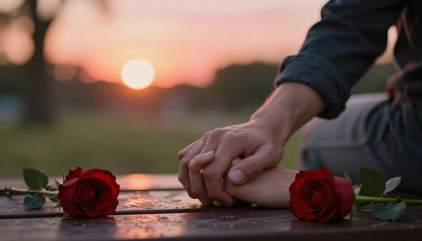 A romantic close-up scene of a couple holding hands on a par...