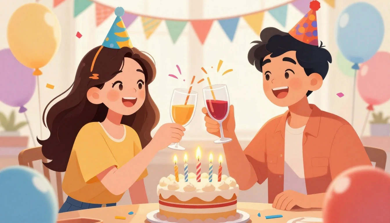 A vibrant and cheerful digital illustration of a birthday ce...