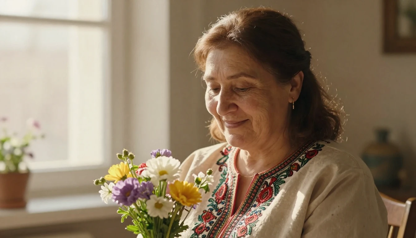 A warm and emotional close-up portrait of a kind middle-aged...