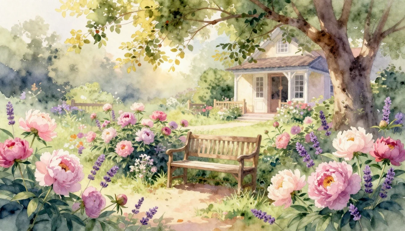 A beautiful watercolor painting of a sunlit garden filled wi...