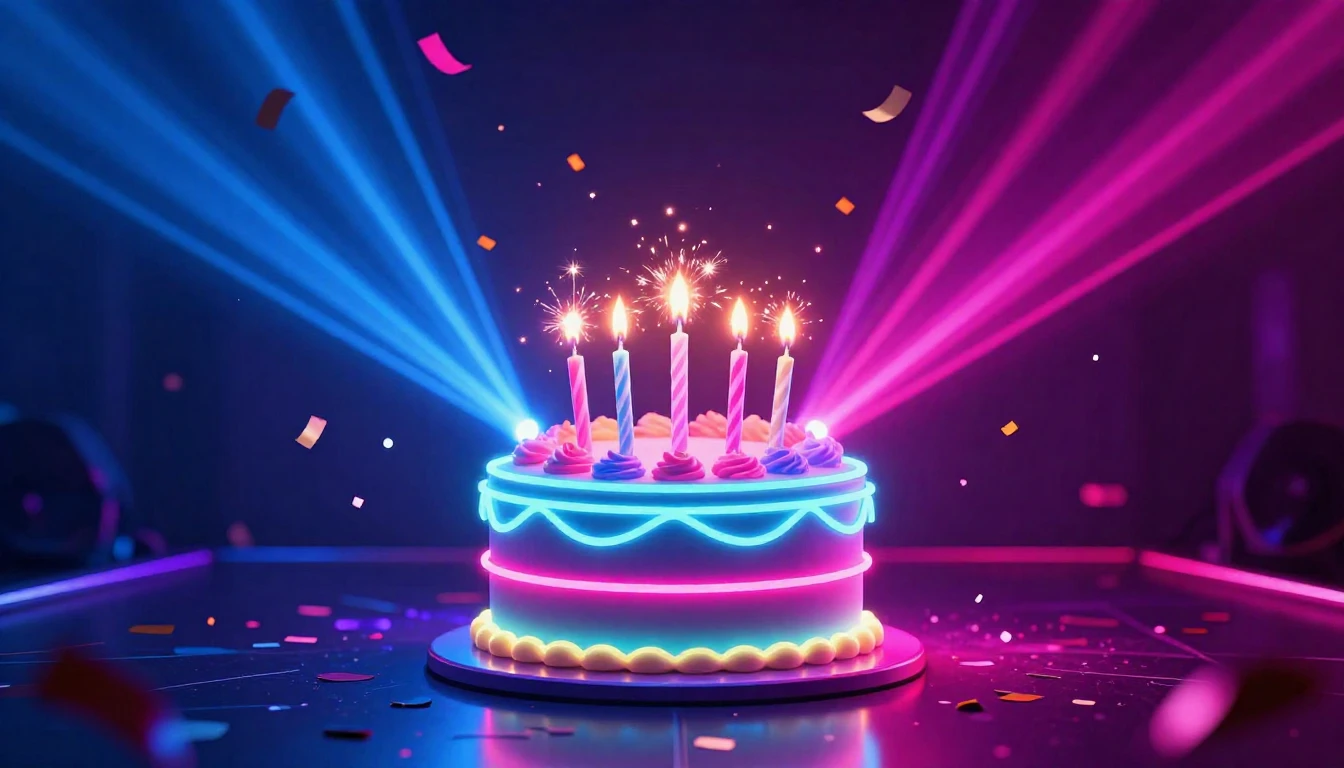 A vibrant and energetic birthday concept art featuring a glo...