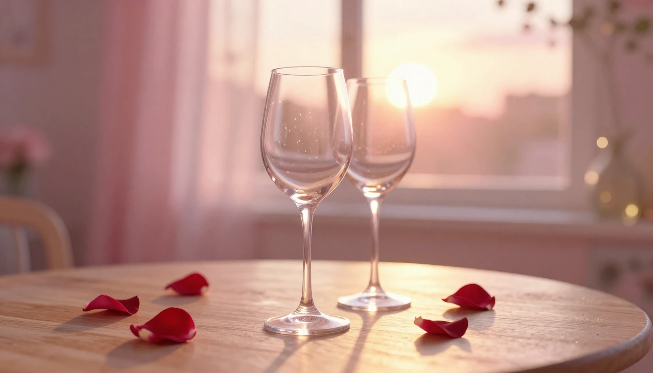 A soft and dreamy scene featuring two elegant wine glasses o...