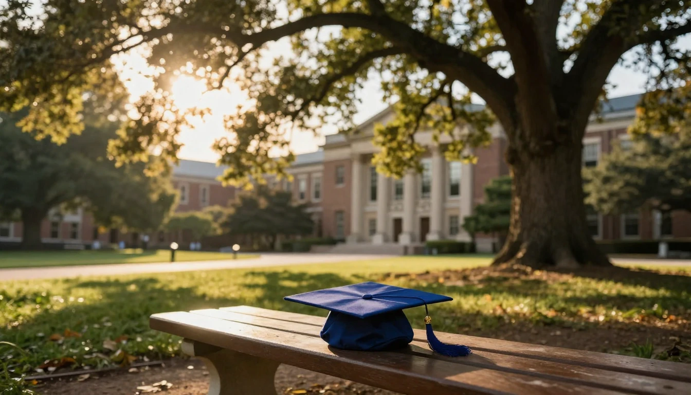 A wide-angle cinematic shot of a single graduation cap resti...