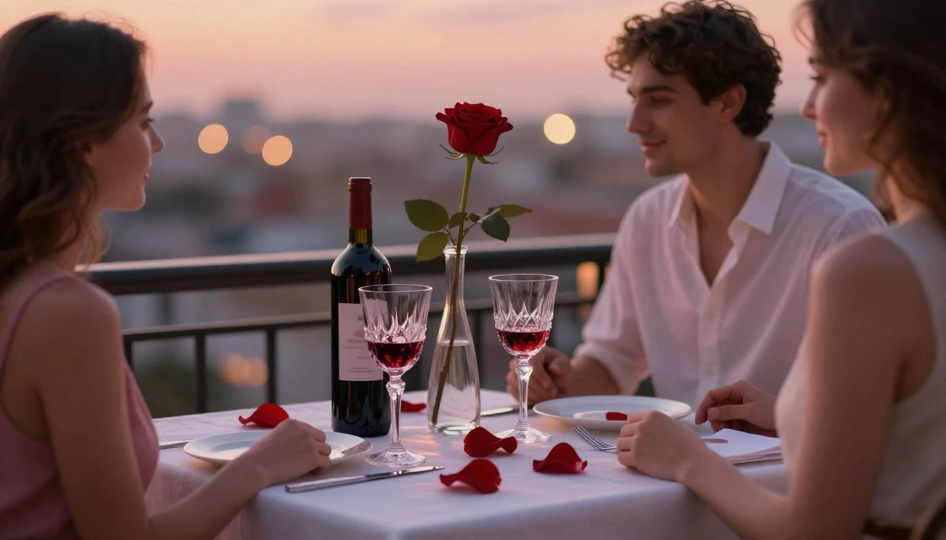 A romantic dinner setting for two on a small balcony at twil...