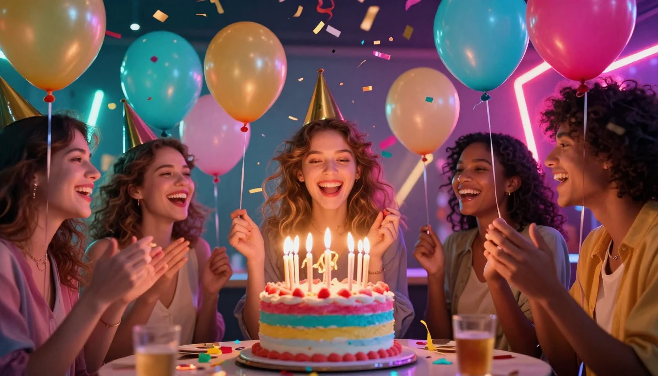 A vibrant and energetic party atmosphere representing a birt...