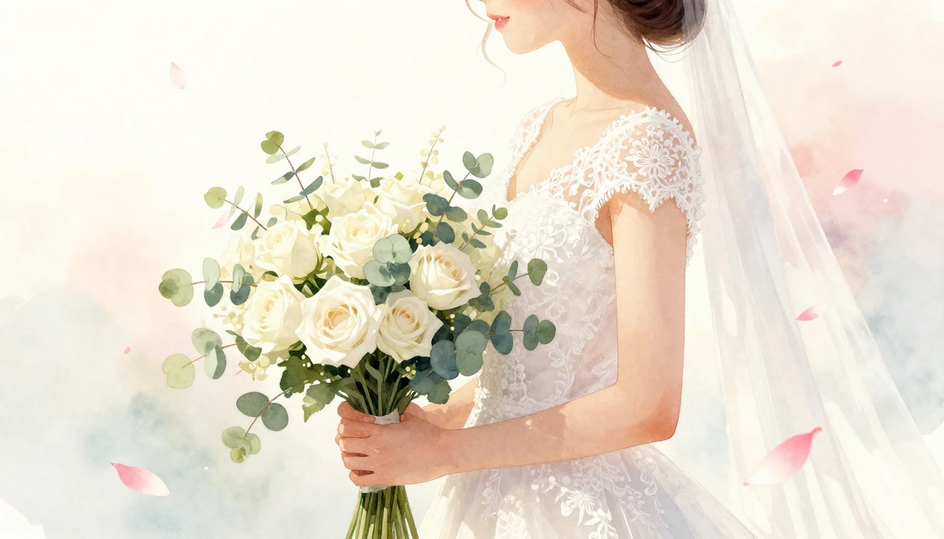 A soft and dreamy watercolor illustration of a bride holding...
