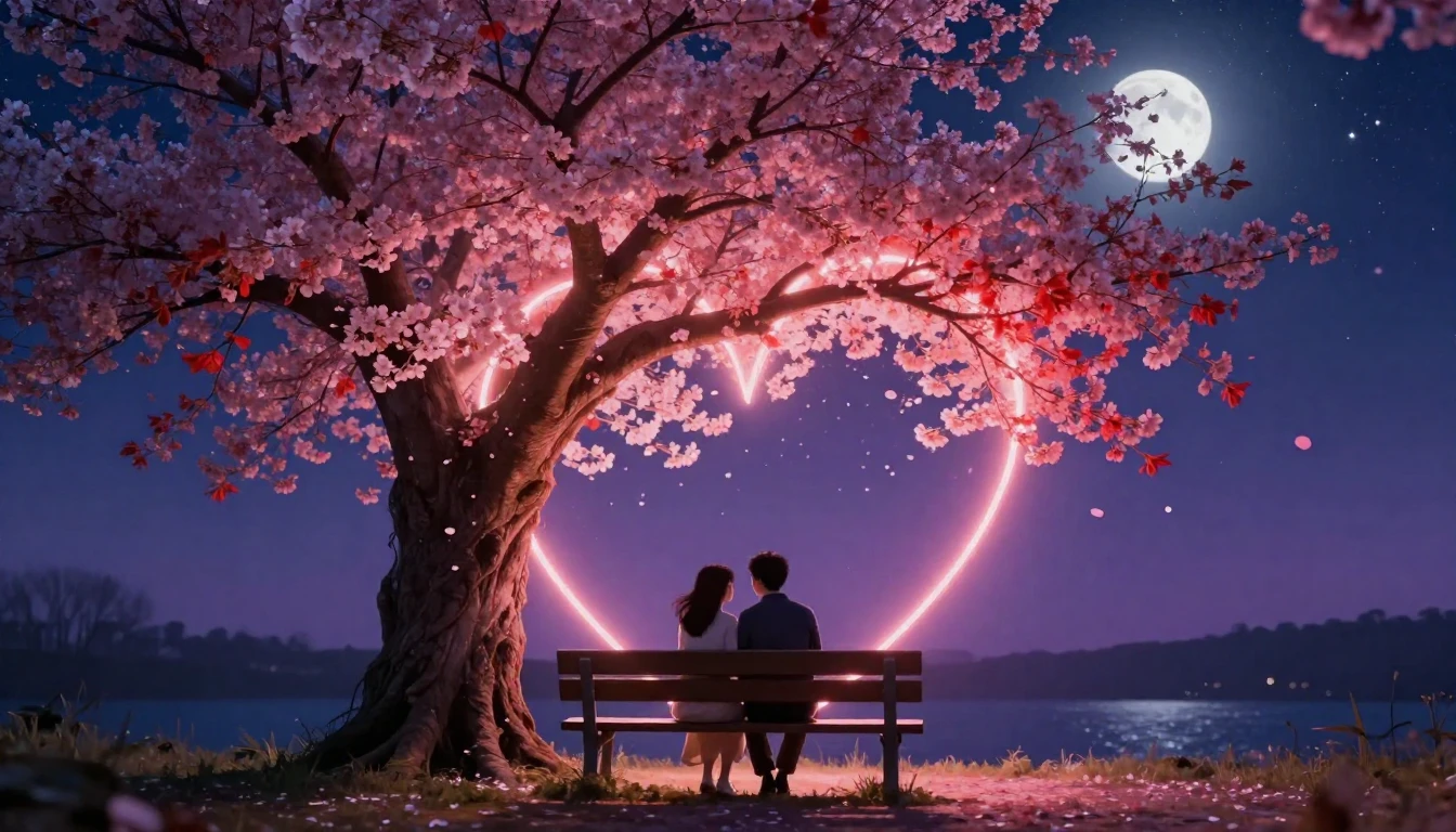 A romantic scene featuring a couple sitting on a wooden benc...