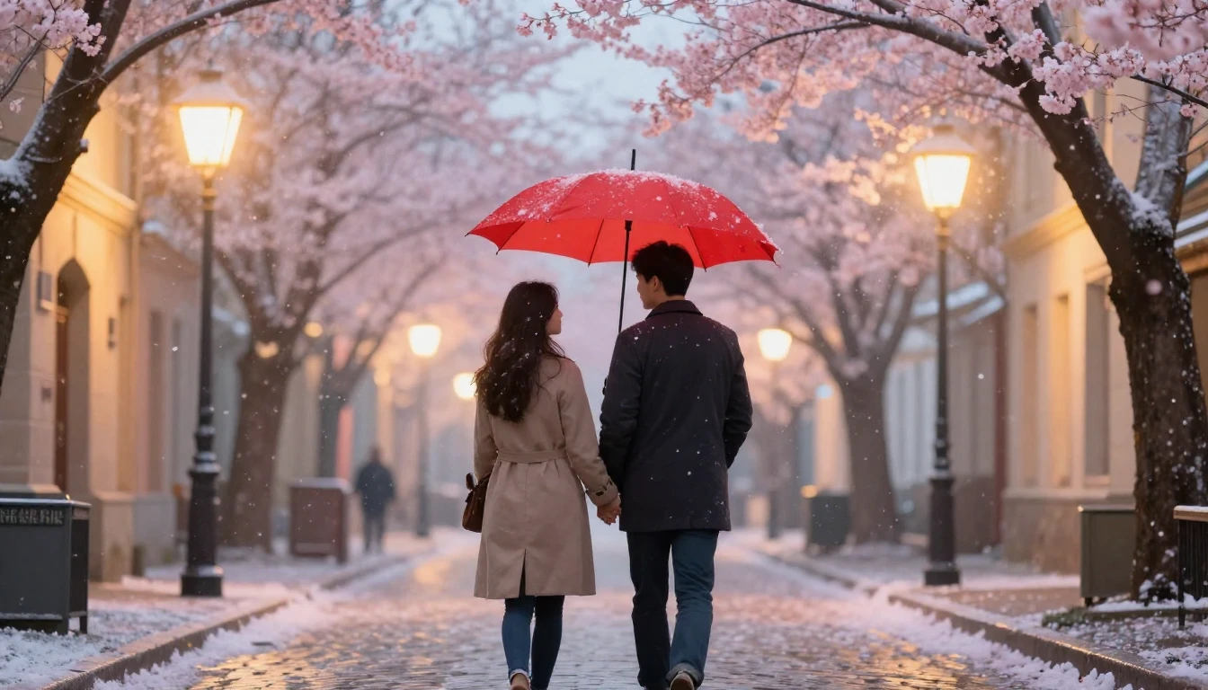 A romantic scene of a couple holding hands on a quaint cobbl...