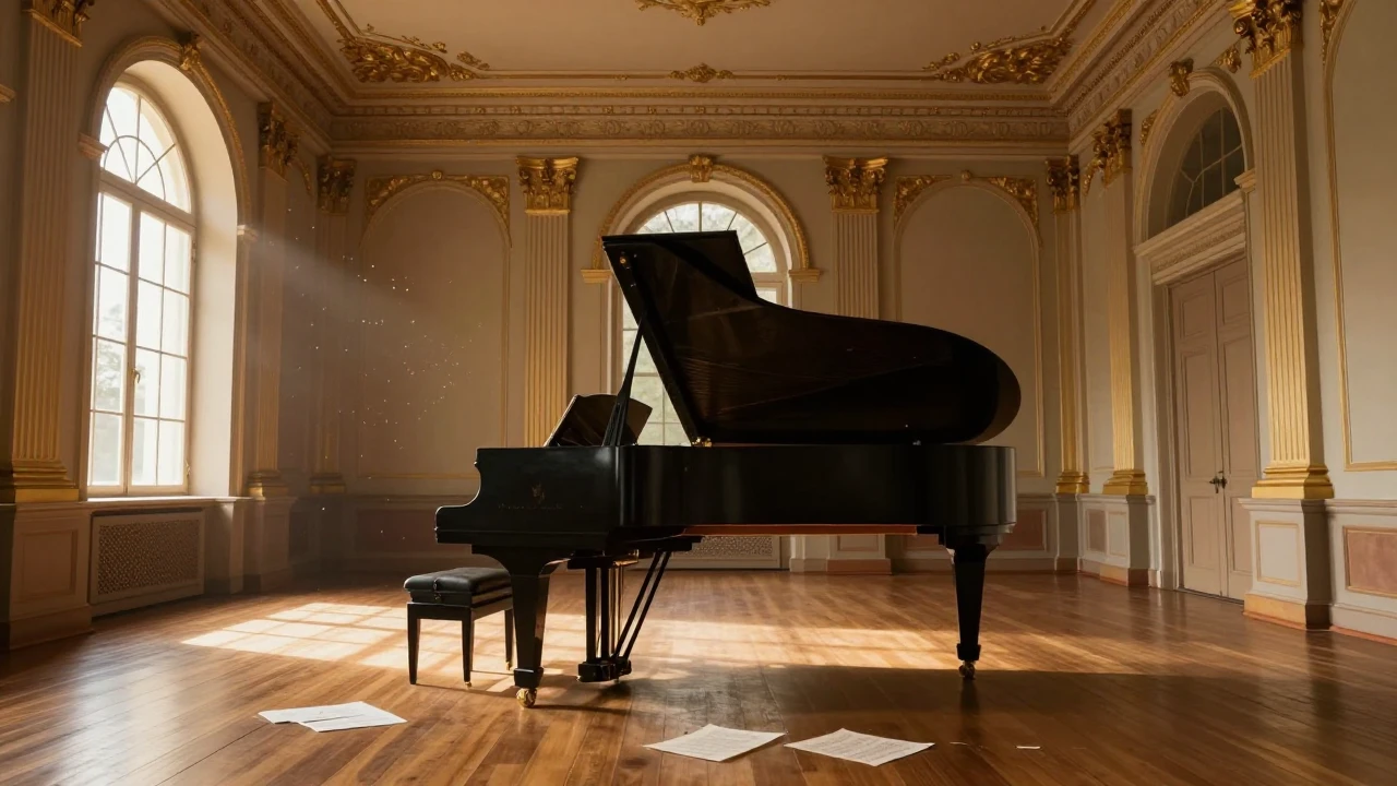 A majestic grand piano standing in the center of a sun-drenc...