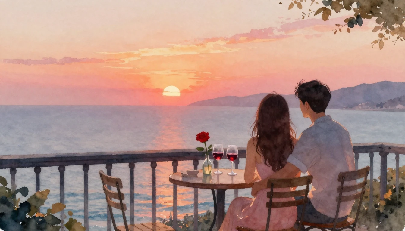 A romantic couple sitting on a charming balcony overlooking ...