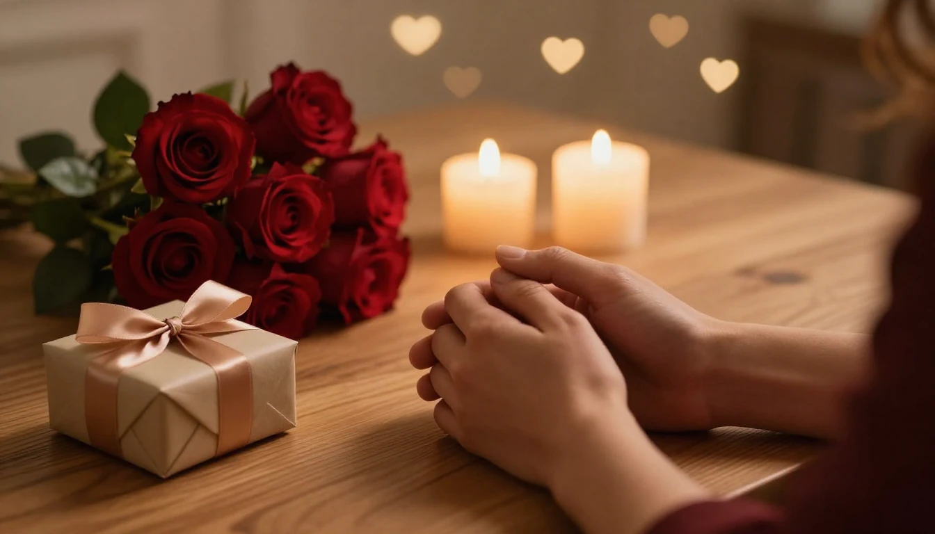 A romantic and intimate scene featuring a cozy wooden table ...