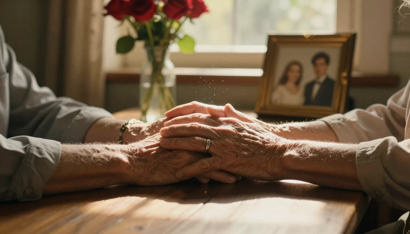 A cinematic close-up shot of an elderly couple's hands holdi...