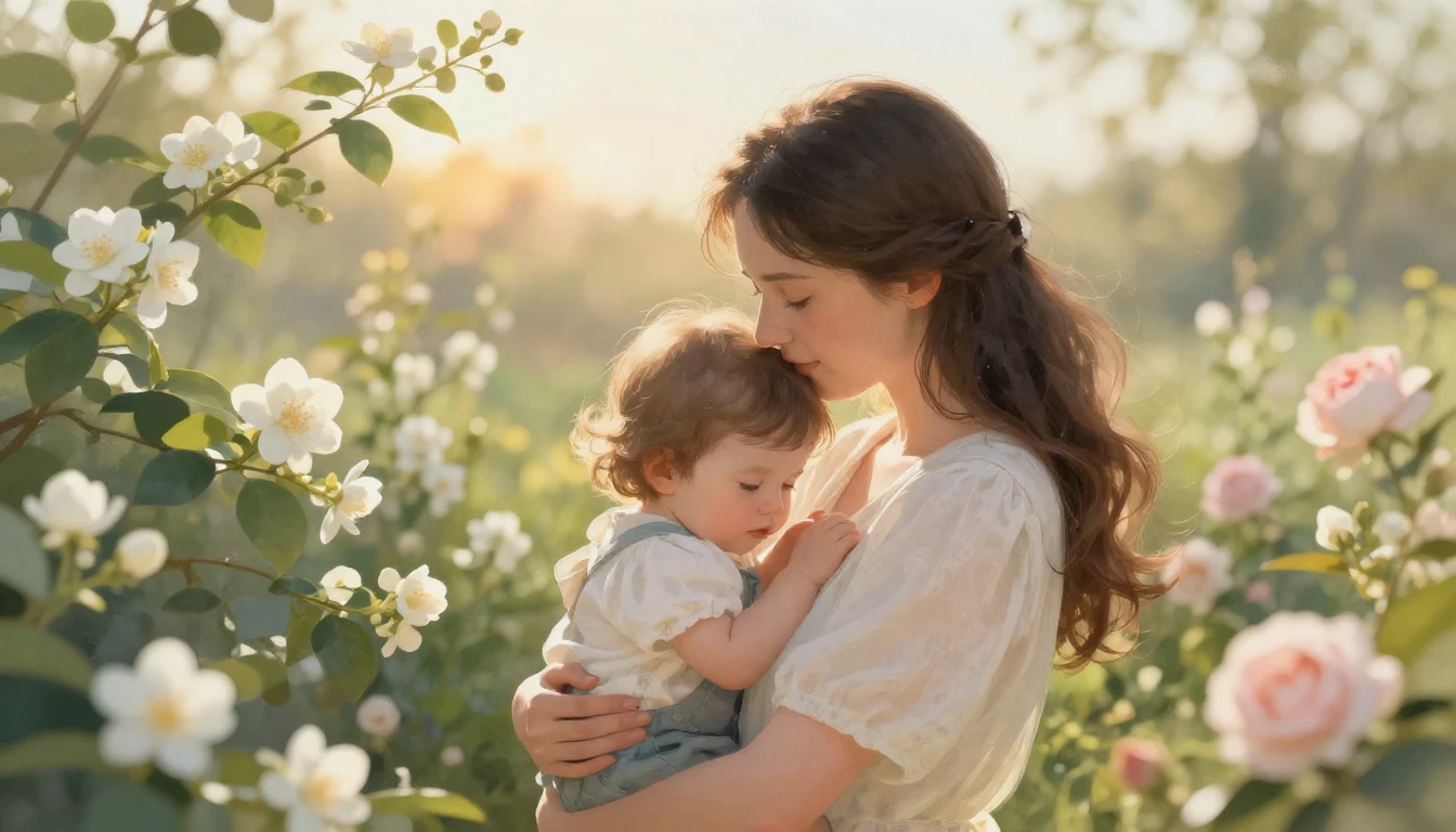 A heartwarming and tender illustration of a mother embracing...