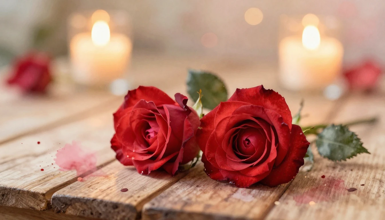 A soft watercolor painting of two delicate red roses intertw...