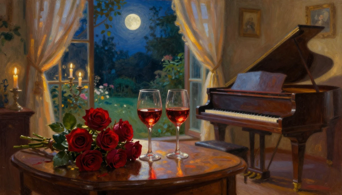 A lush oil painting of a cozy, candlelit room overlooking a ...