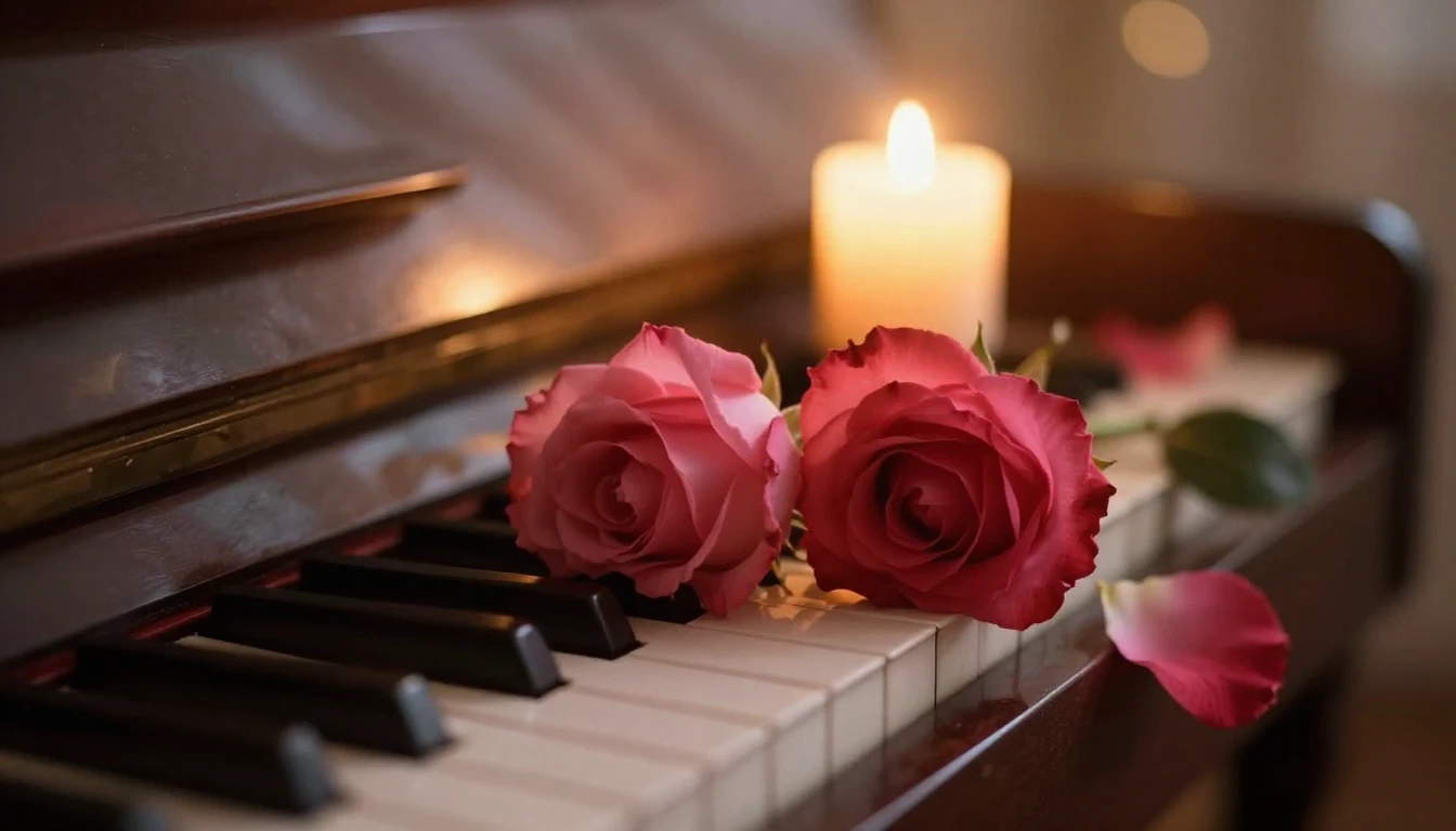 A dreamy and romantic scene featuring two delicate red roses...