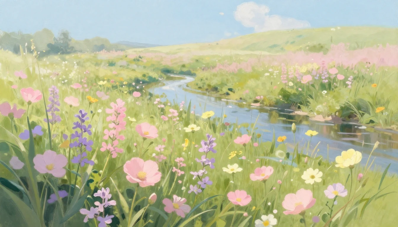 A delicate scene of a lush spring meadow filled with bloomin...