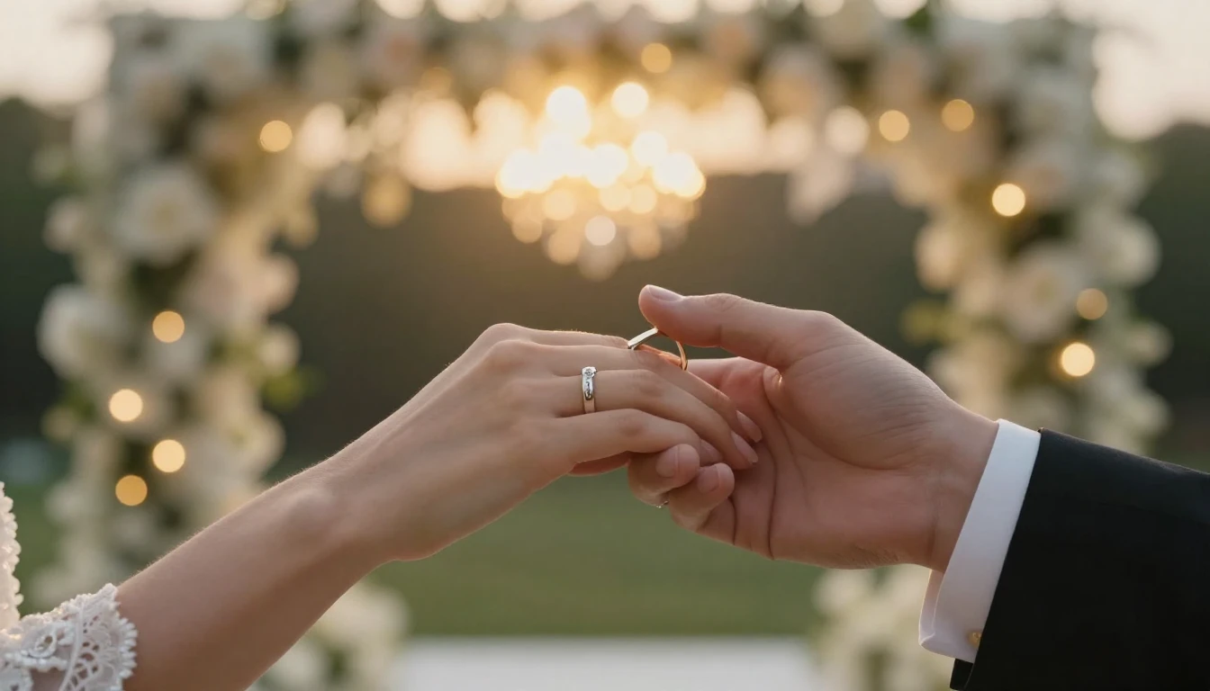 A cinematic and magical wedding scene, close up on two hands...