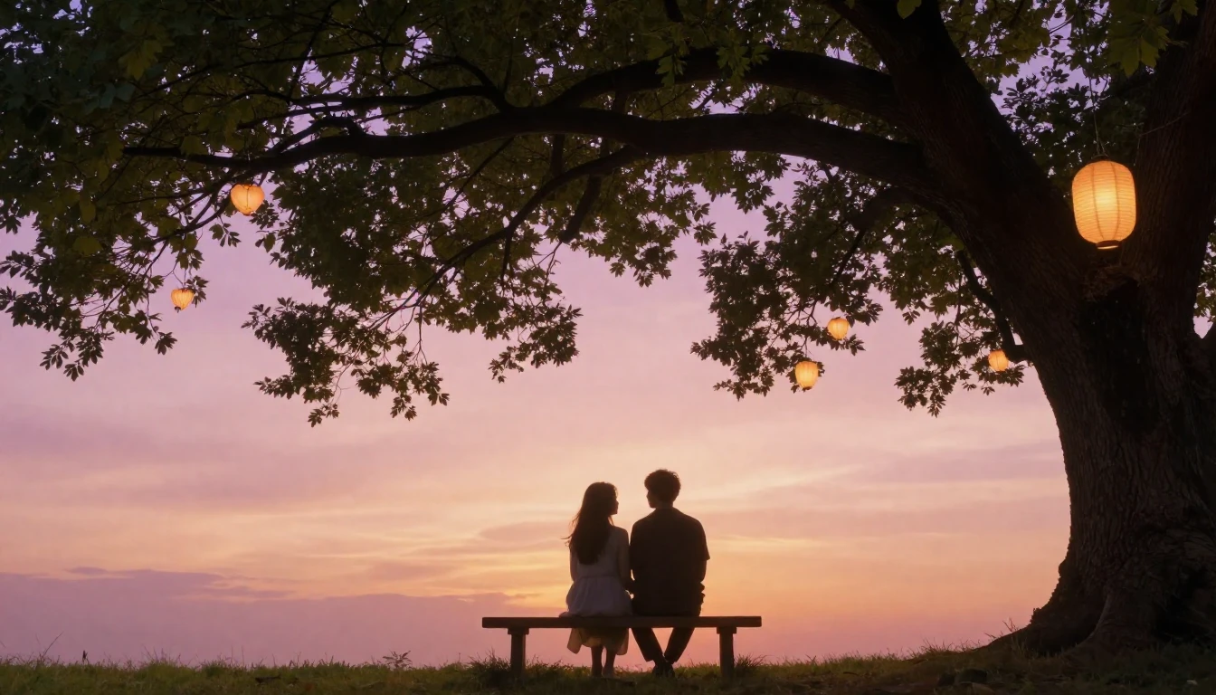 A romantic and dreamy scene featuring two silhouettes sittin...