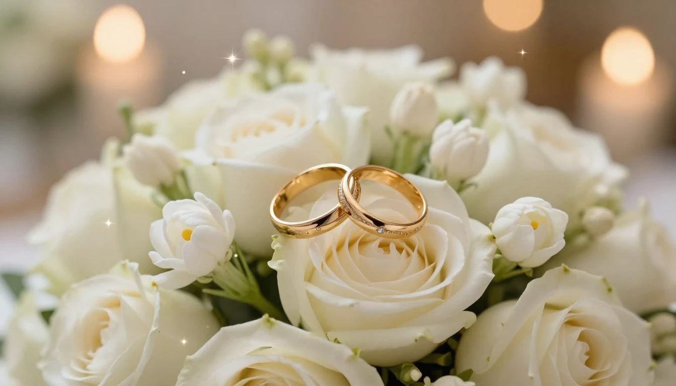 Close-up of two elegant golden wedding rings resting on a bo...