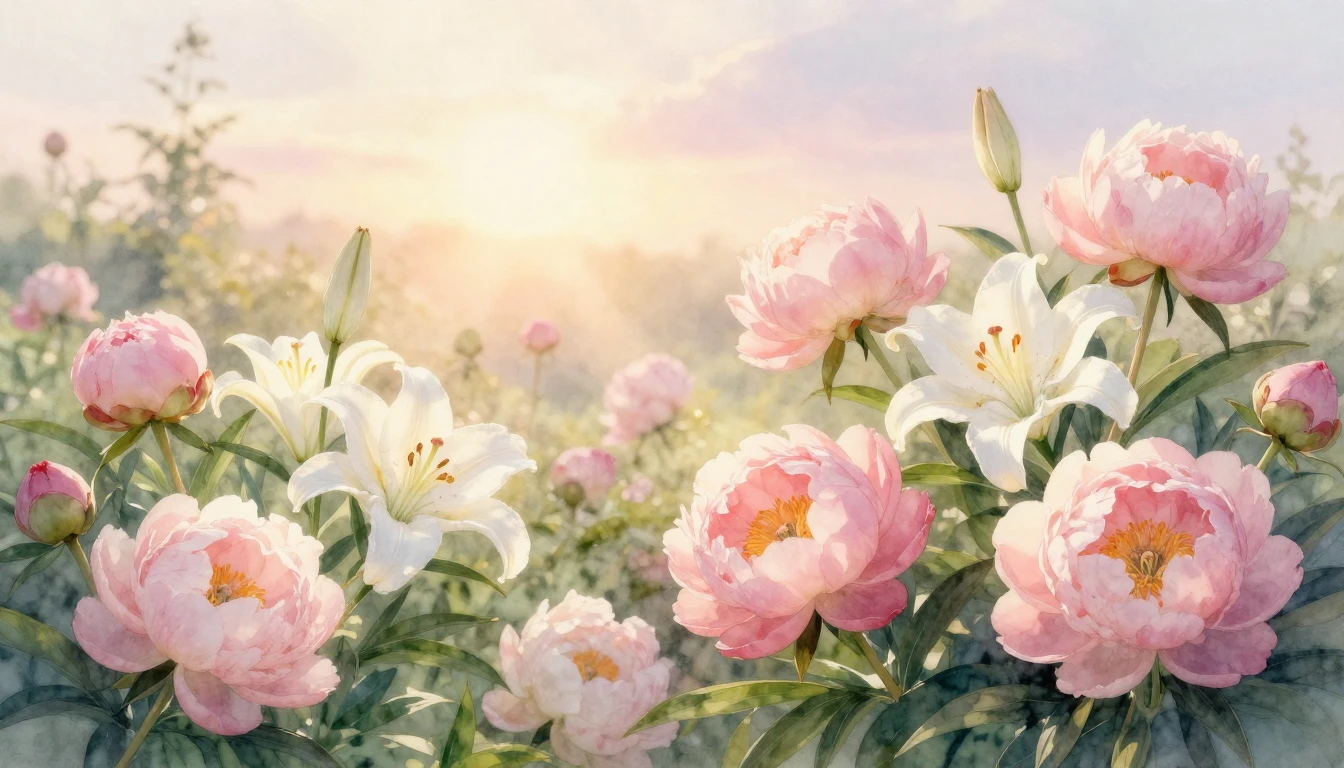 A beautiful, soft watercolor painting of a blooming garden a...
