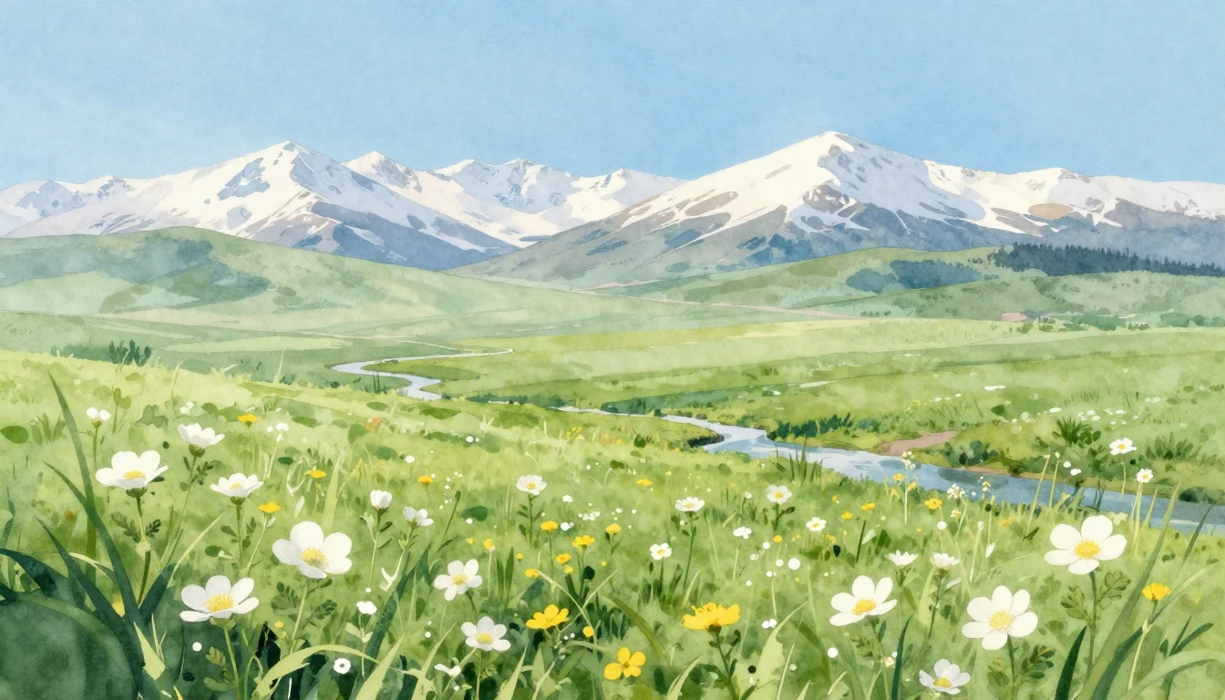 A breathtaking watercolor painting of a vast green steppe un...