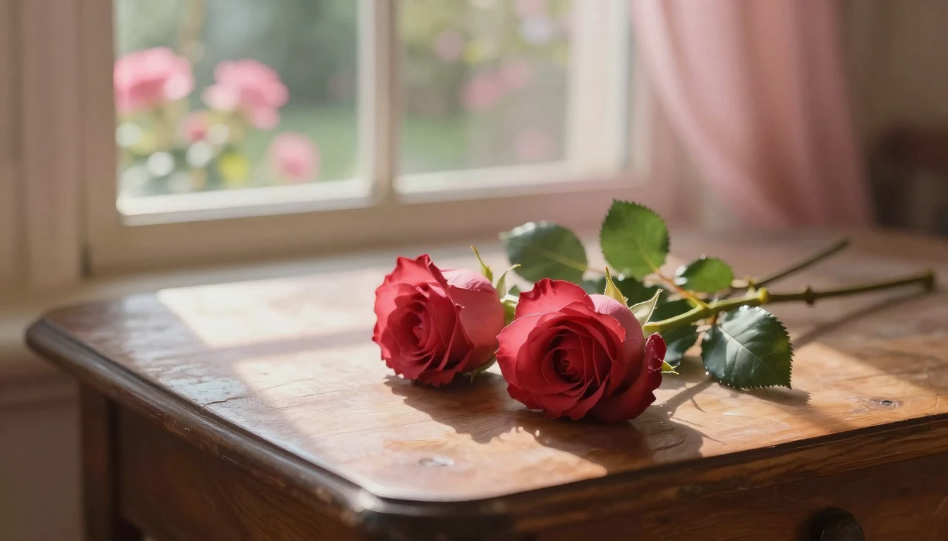 A dreamy and ethereal scene featuring two delicate red roses...