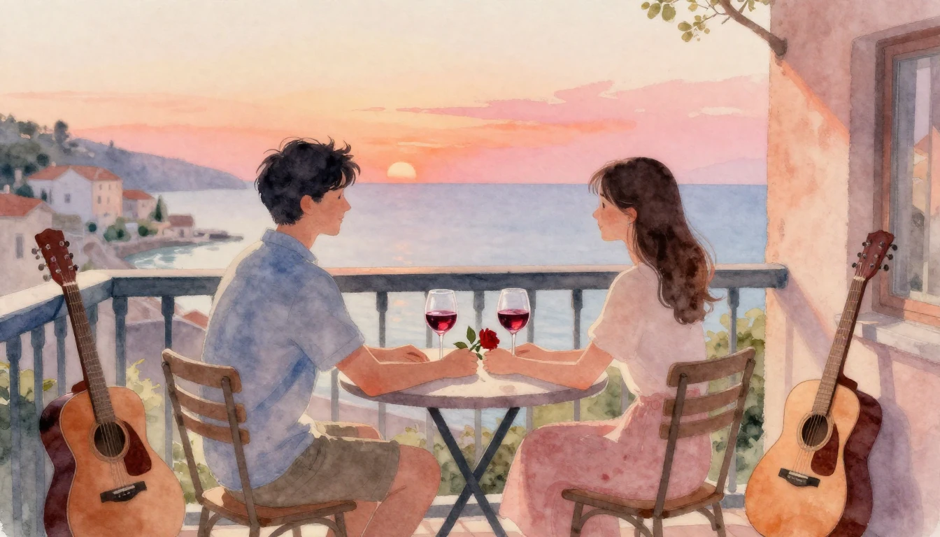 A romantic watercolor painting of a couple sitting on a cozy...