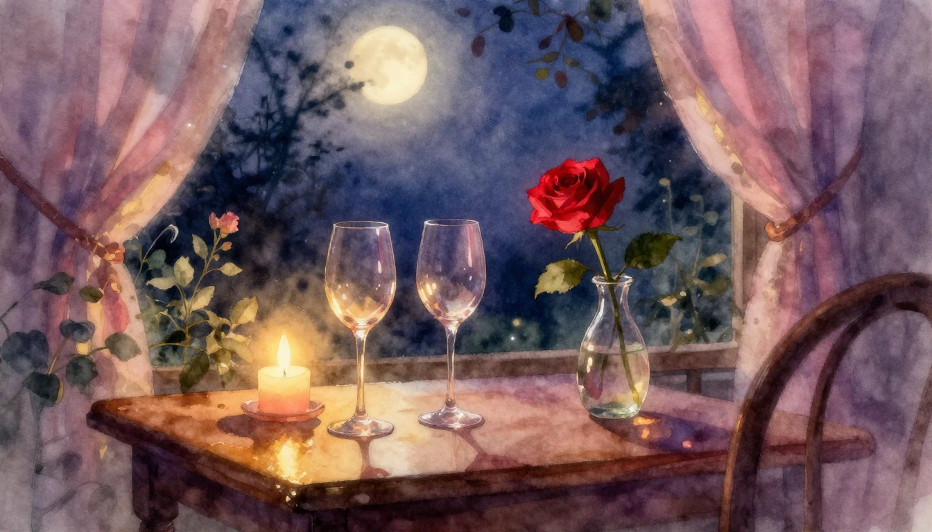 A dreamlike watercolor scene of a cozy, dimly lit room overl...