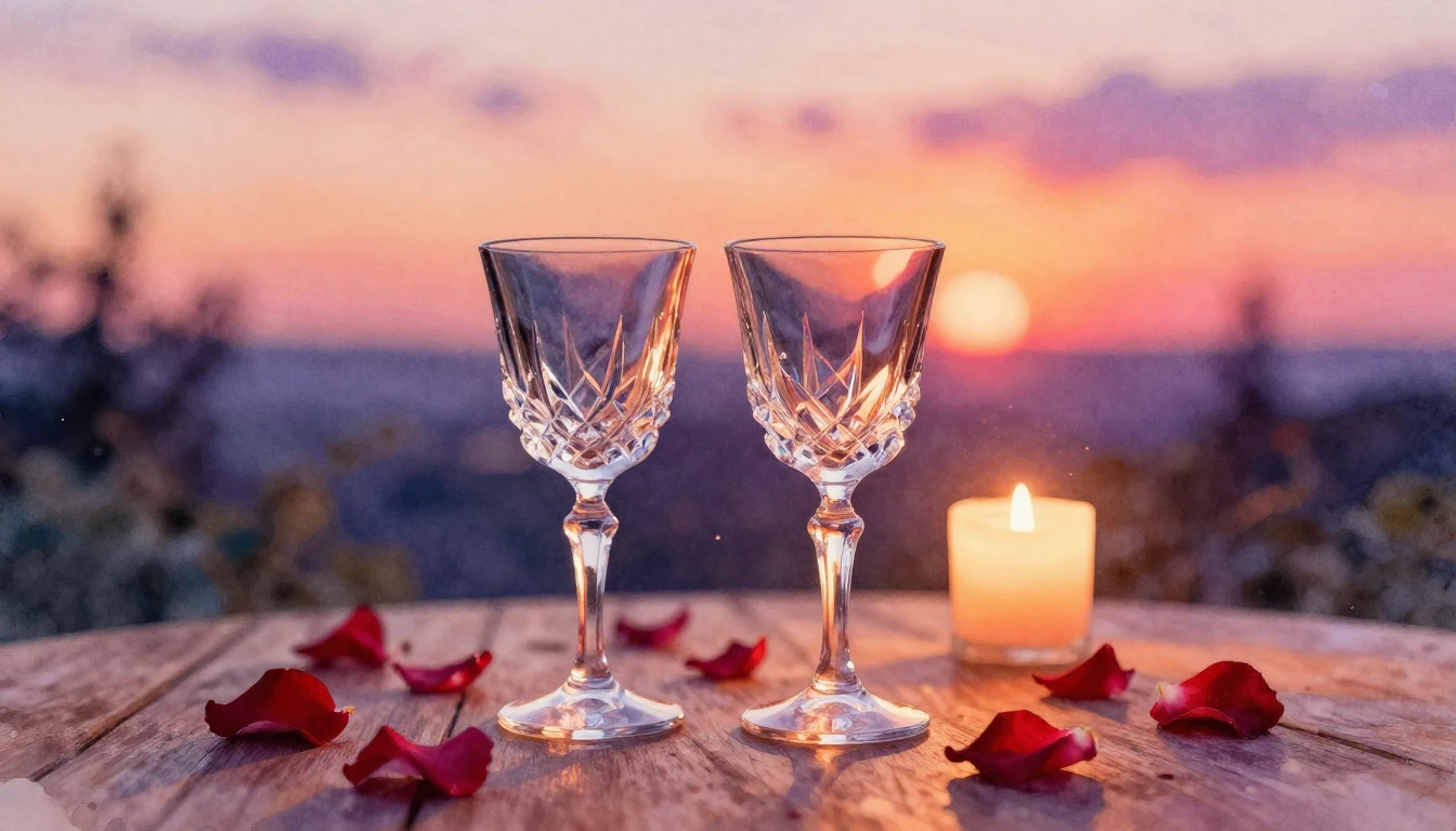 A beautiful watercolor painting of a romantic evening scene....