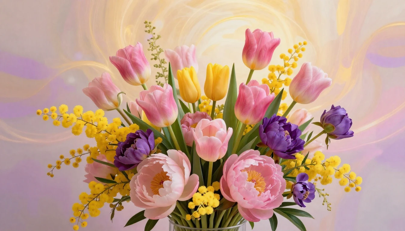 A vibrant and artistic composition featuring a lush bouquet ...