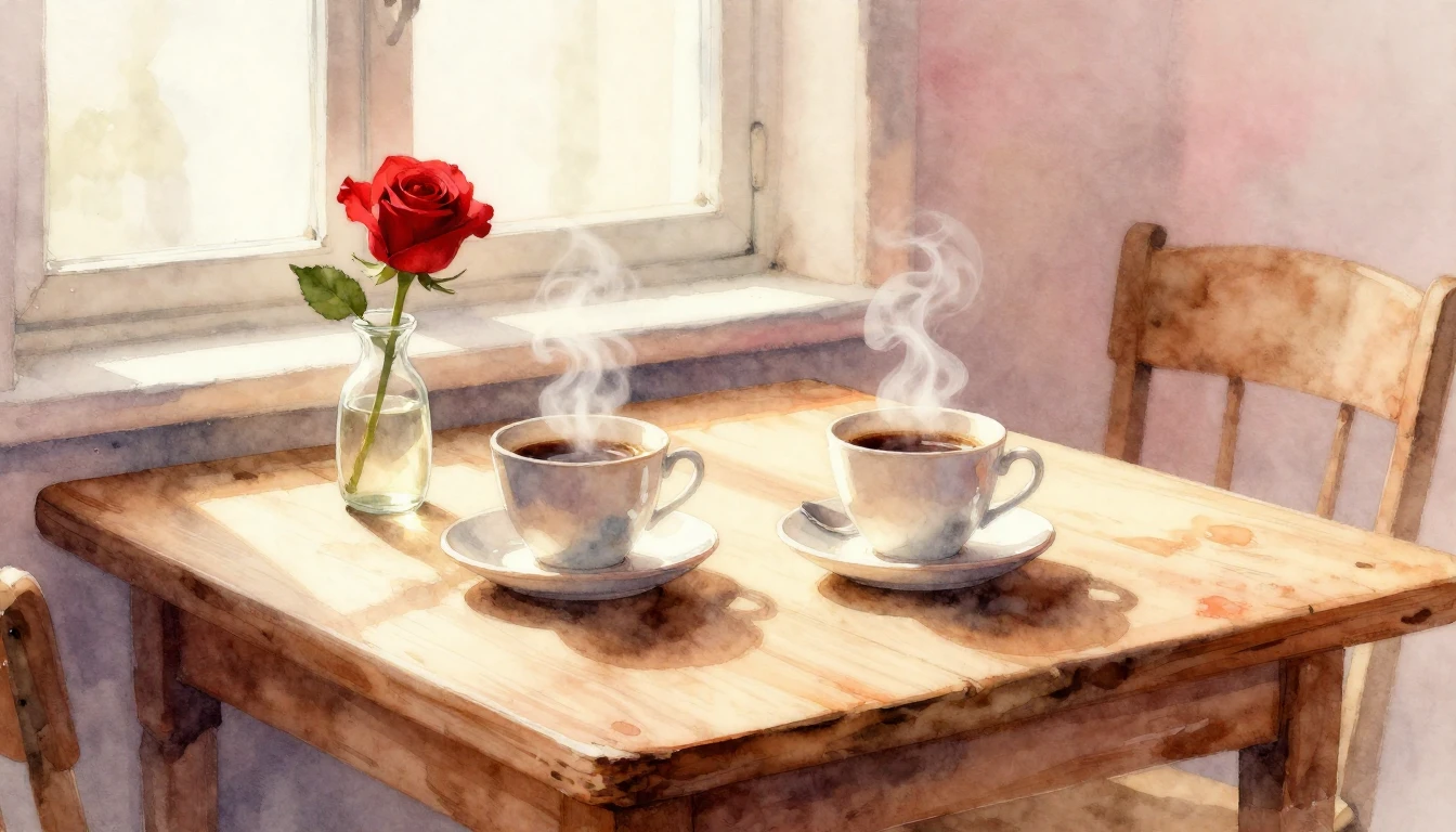 A soft and romantic watercolor painting depicting a cozy Val...