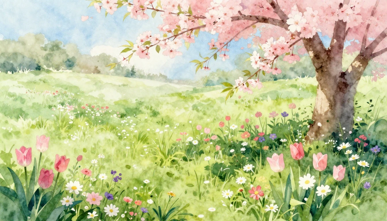 A vibrant watercolor painting of a lush meadow filled with b...