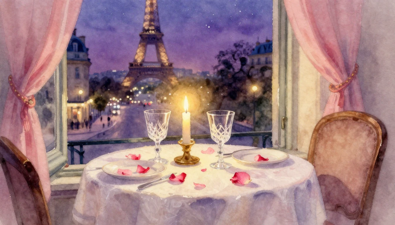 A soft watercolor painting of a cozy, candlelit table set fo...
