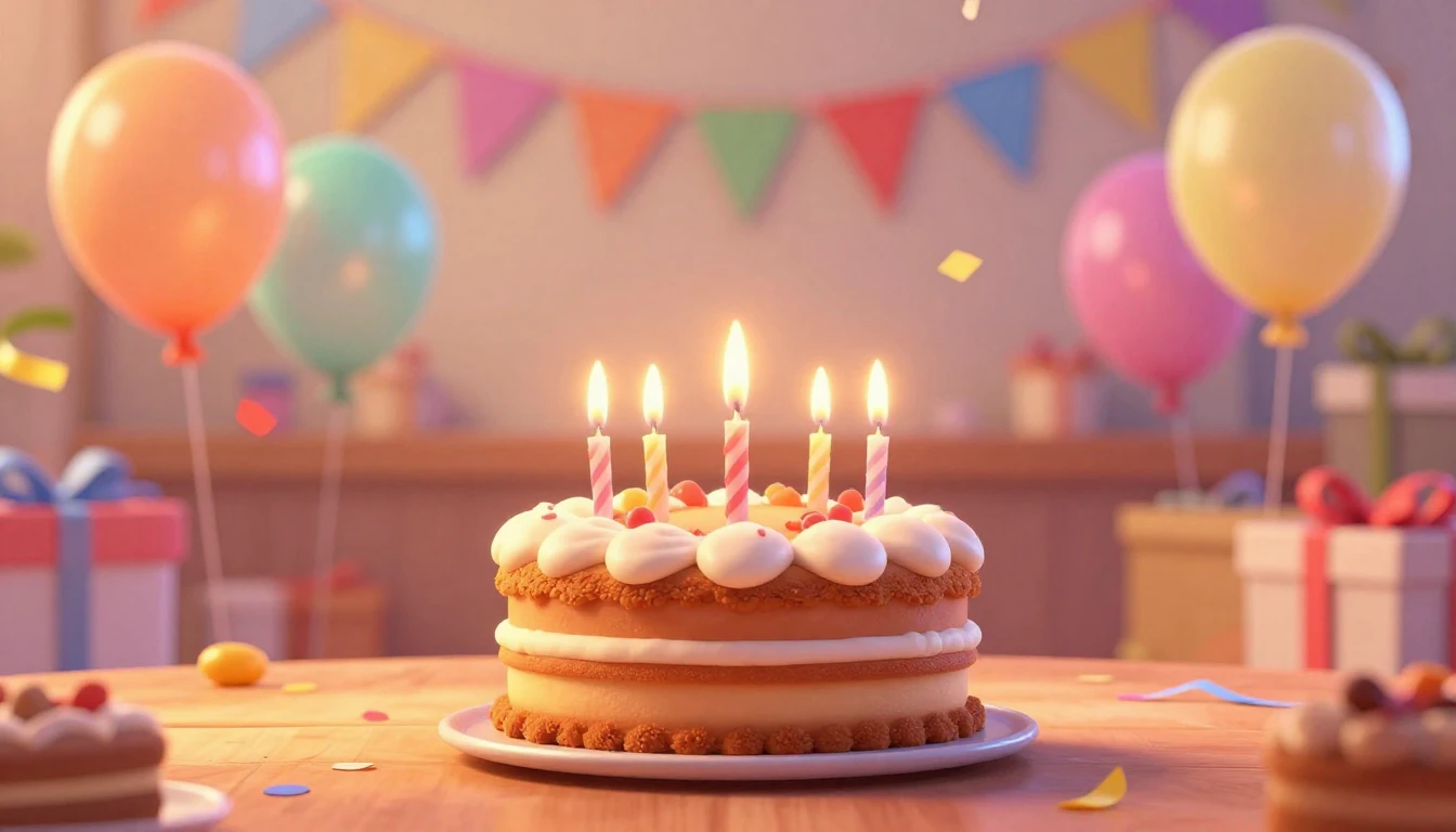 A joyful and vibrant birthday celebration scene in a 3D anim...