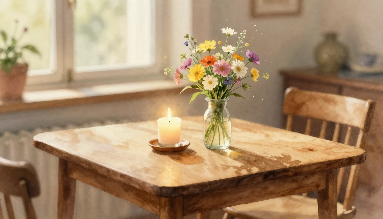 A beautiful watercolor painting of a small, cozy wooden tabl...