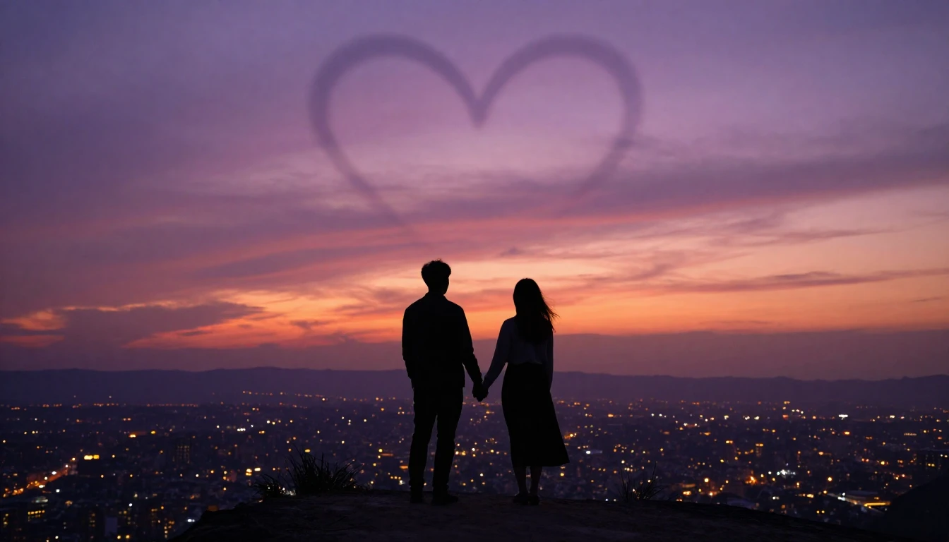A romantic and cinematic composition featuring two silhouett...