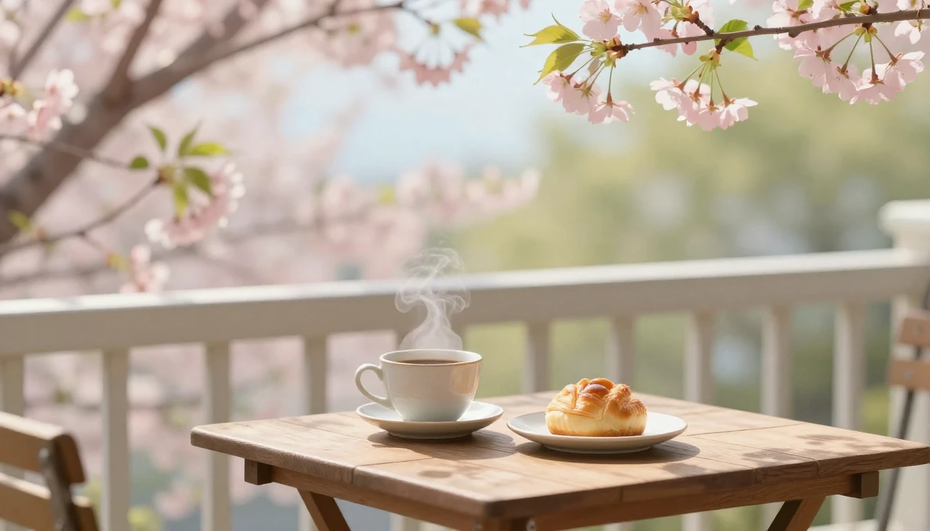 A serene scene of a small wooden table on a sun-drenched bal...