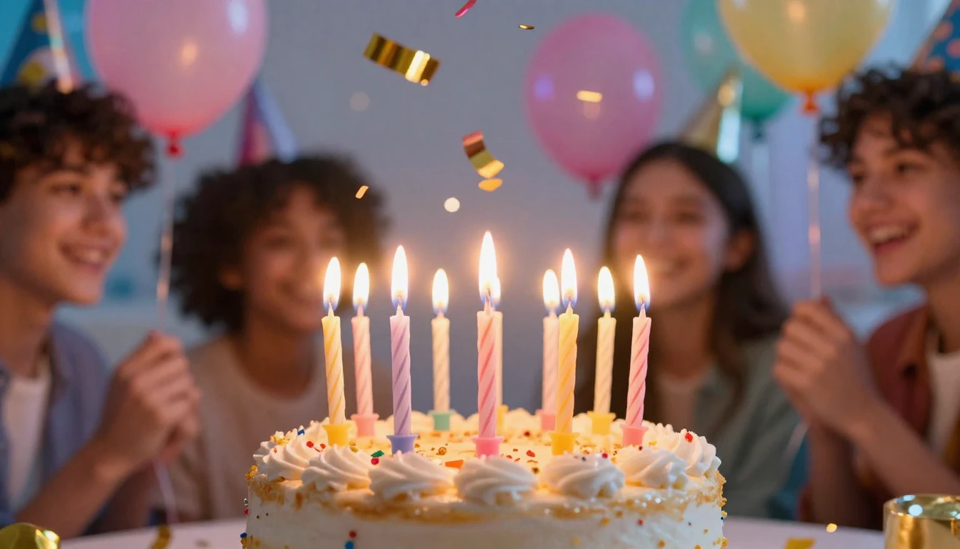 A vibrant and festive birthday celebration scene, close-up o...