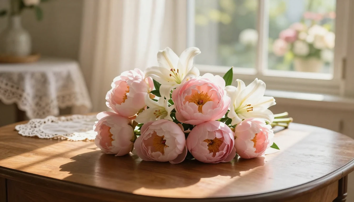 A serene and heartwarming scene featuring a beautiful bouque...