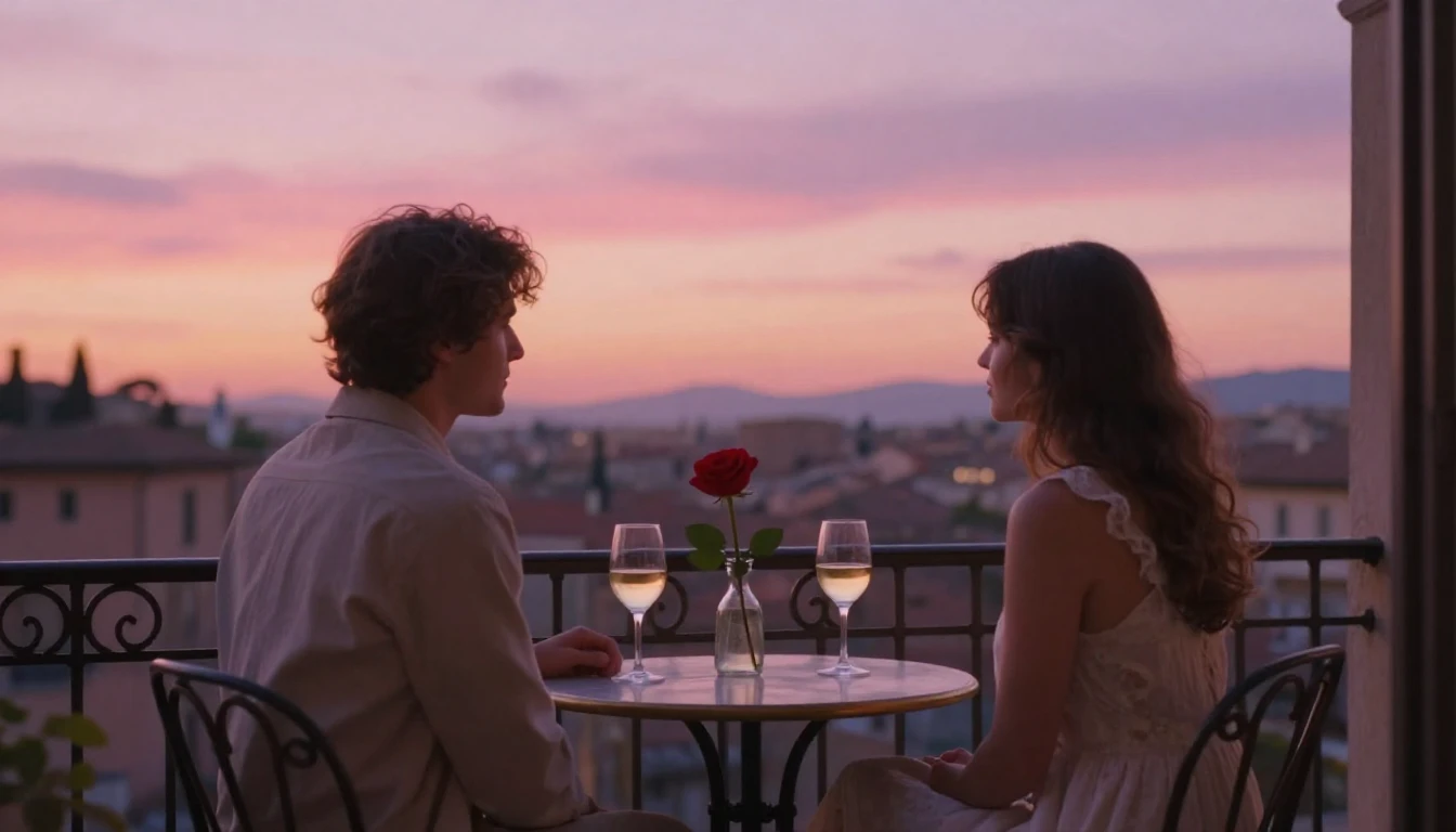 A romantic and dreamy scene depicting a couple sitting on a ...