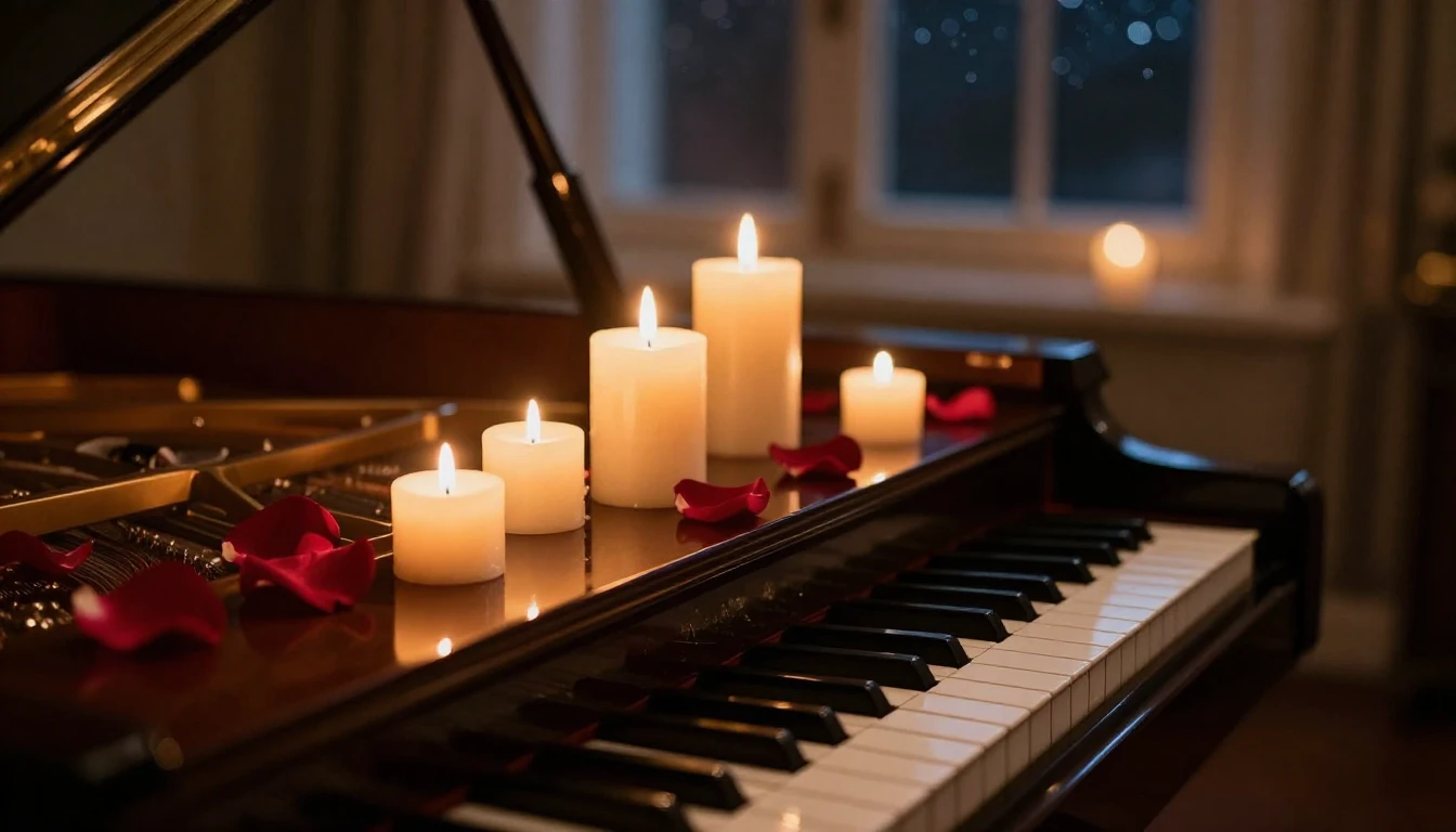 A close-up shot of a grand piano in a dimly lit room, illumi...