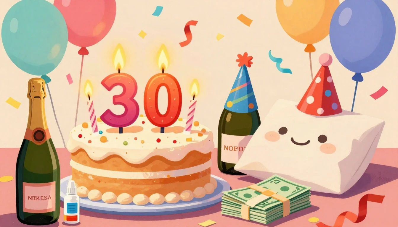 A humorous and colorful birthday illustration featuring a ch...