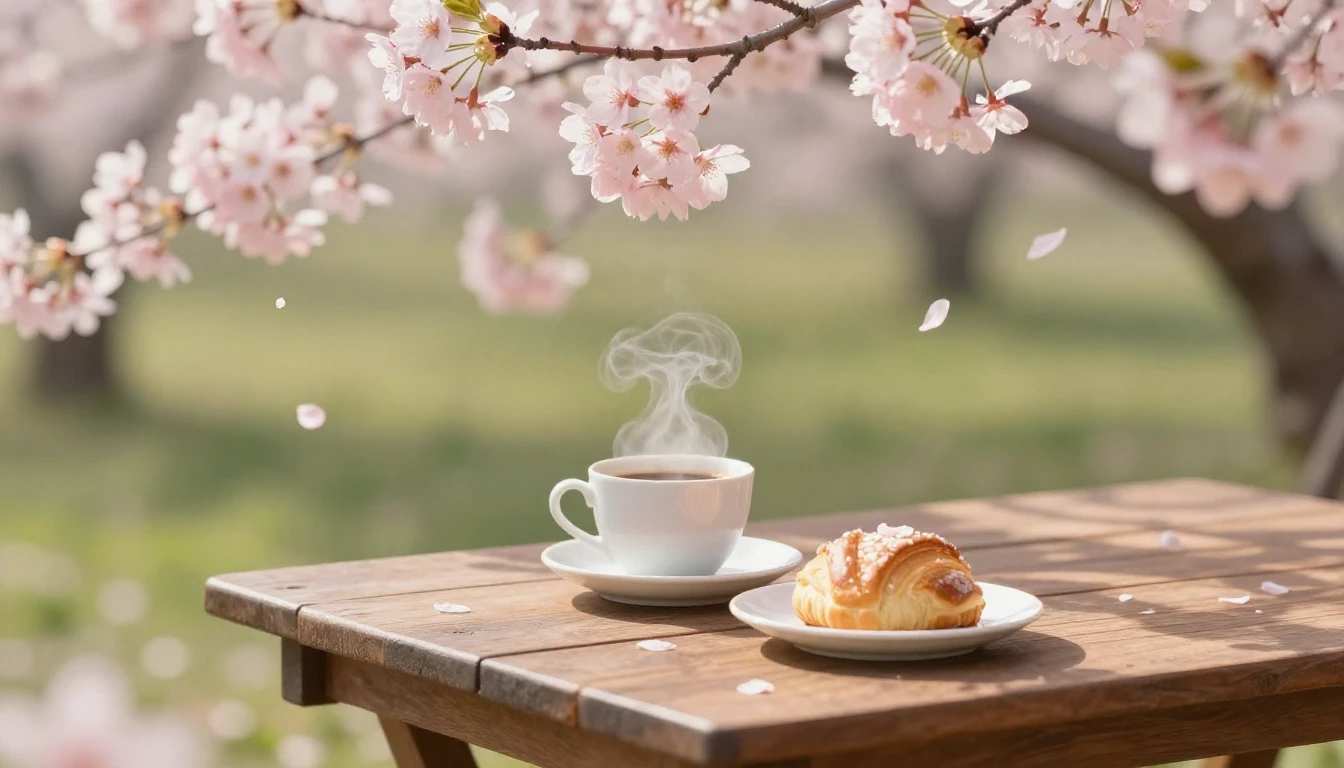 A serene outdoor scene of a wooden table set for a spring fi...