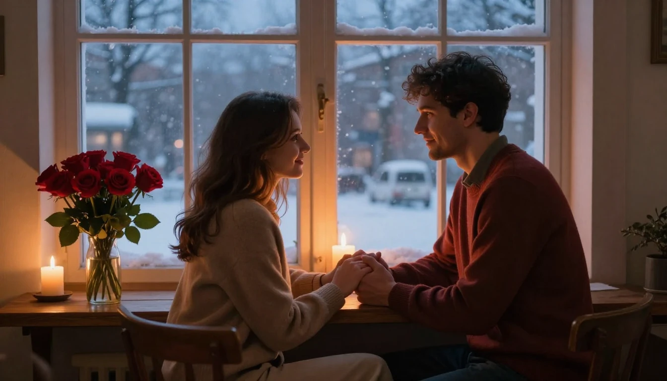 A romantic scene featuring a couple sitting by a large windo...