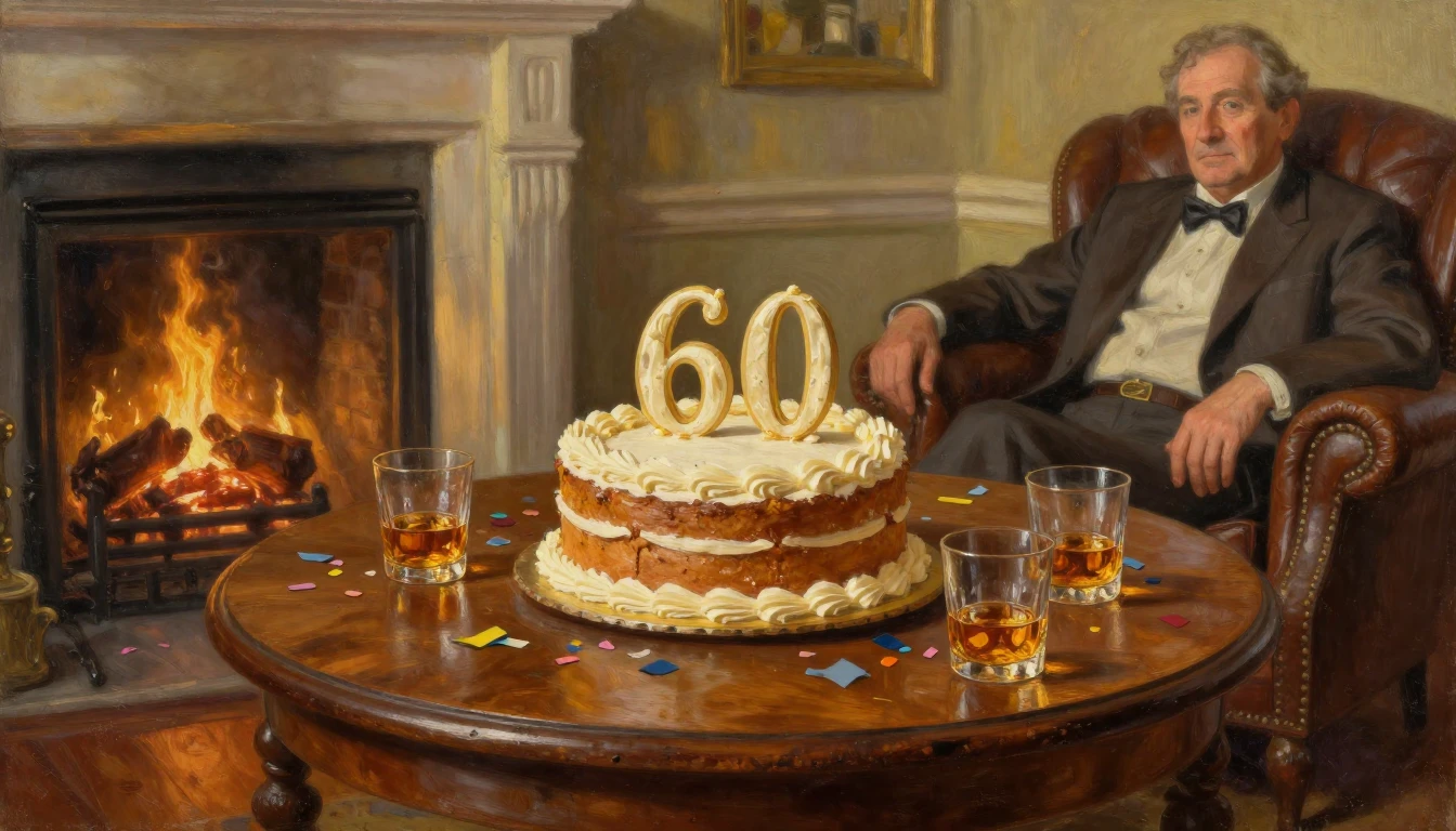 An oil painting of a warm and festive 60th birthday celebrat...